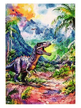 Dinosaur Watercolor Art Jungle Scene Tyrannosaurus Postcard Blank Frameable Gift